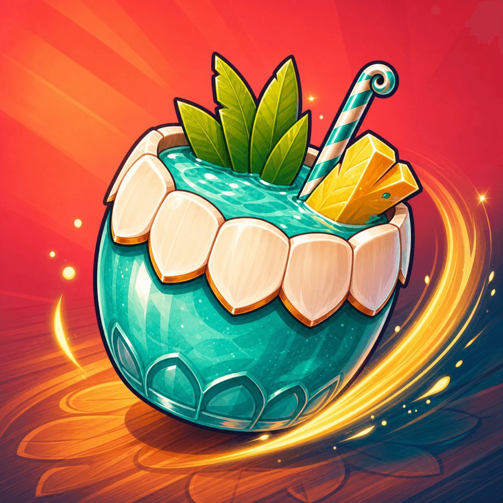 The Slide & Serve app icon: a teal coconut drink with a striped straw, a pineapple wedge, and palm leaves on a coral background.
