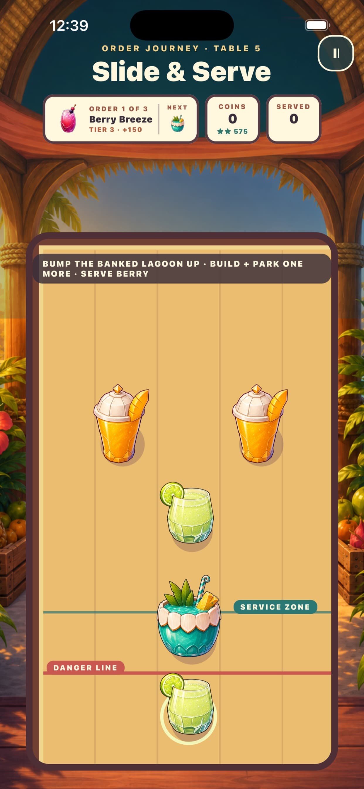 Order Journey, Table 5, in daylight. The order card asks for a tier 3 Berry Breeze; two mango coolers and a lime spritz sit on the wooden table, a coconut lagoon colada rests in the service zone, and a glowing lime spritz waits below the danger line.