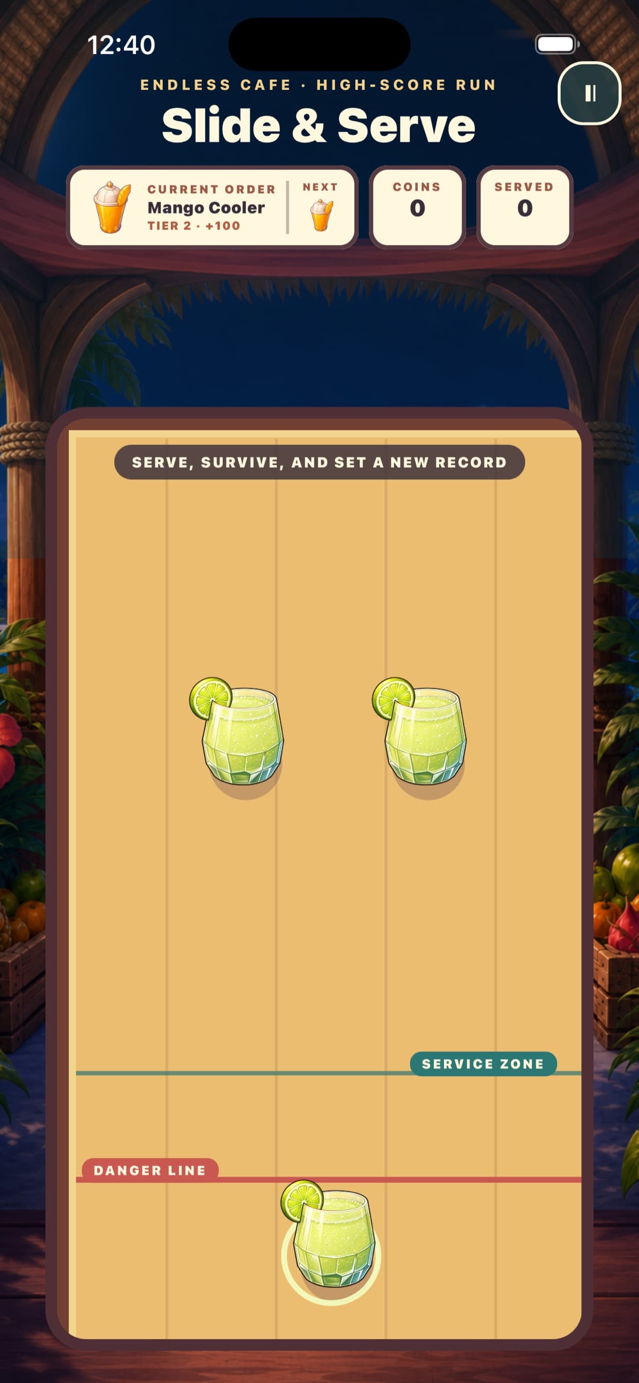 An Endless Cafe high-score run at night, headed “Serve, survive, and set a new record”. The current order is a tier 2 Mango Cooler, two lime spritzes sit in the middle of the table, and a glowing lime spritz waits below the danger line.